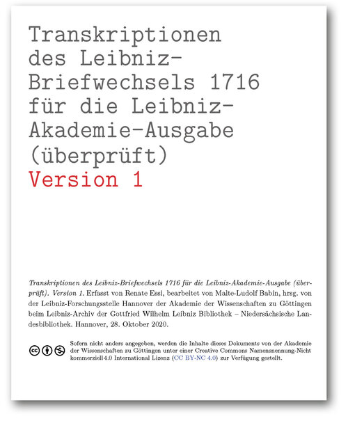 Titelseite der Transkriptionen des Leibniz-Briefwechsels 1716 für die Leibniz-Akademie-Ausgabe (überprüft) (Version 1)