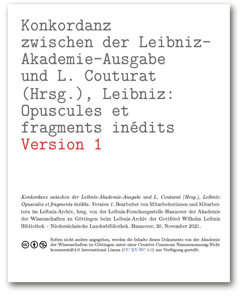 Titelseite der Konkordanz zwischen der Leibniz-Akademie-Ausgabe und L. Couturat (Hrsg.), Leibniz: Opuscules et fragments inédits (Version 1)