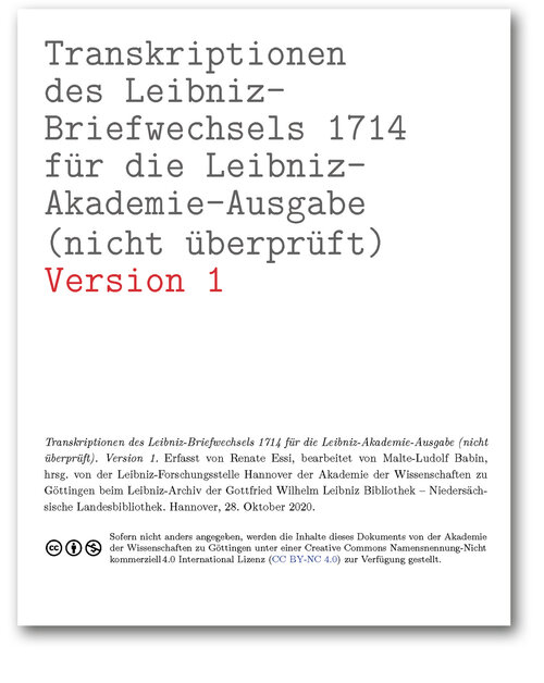 Titelseite der Transkriptionen des Leibniz-Briefwechsels 1714 für die Leibniz-Akademie-Ausgabe (nicht überprüft) (Version 1)