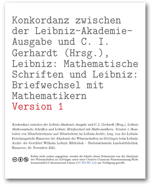 Titelseite der Konkordanz zwischen der Leibniz-Akademie-Ausgabe und C. I. Gerhardt (Hrsg.), Leibniz: Mathematische Schriften und Leibniz: Briefwechseln mit Mathematikern (Version 1)