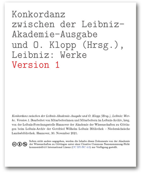 Titelseite der Konkordanz zwischen der Leibniz-Akademie-Ausgabe und O. Klopp (Hrsg.), Leibniz: Werke (Version 1)