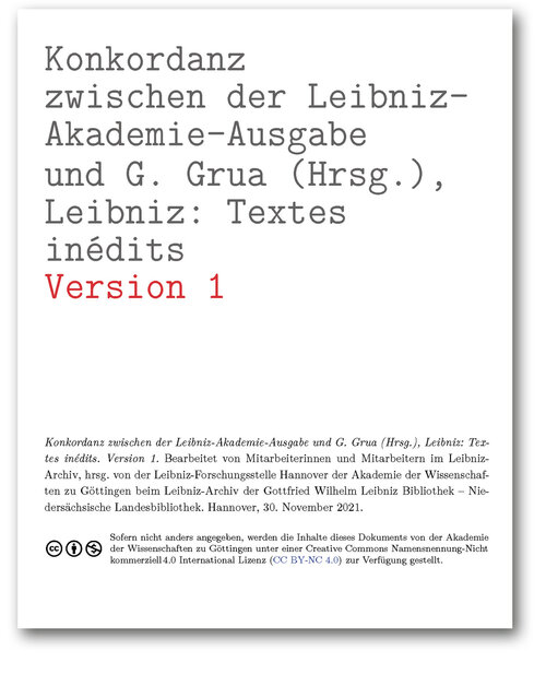 Titelseite der Konkordanz zwischen der Leibniz-Akademie-Ausgabe und G. Grua (Hrsg.), Leibniz: Textes inédits (Version 1)