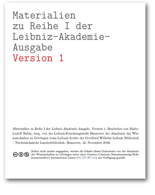 Titelseite der Materialien zu Reihe I der Leibniz-Akademie-Ausgabe (Version 1)