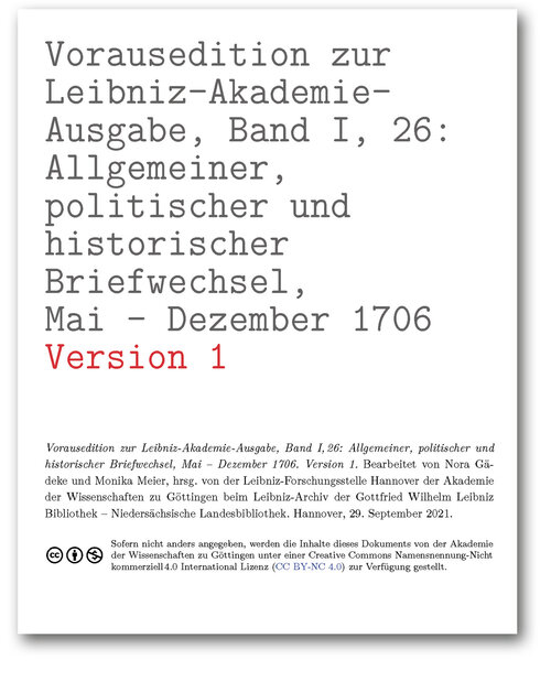Titelseite der Vorausedition zur Leibniz-Akademie-Ausgabe, Band I, 26: Allgemeiner, politischer und historischer Briefwechsel, Mai – Dezember 1706 (Version 1)