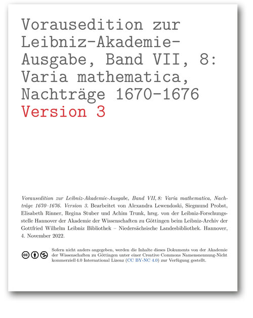 Titelseite der Vorausedition zur Leibniz-Akademie-Ausgabe, Band VII, 8: Varia mathematica, Nachträge 1670–1676 (Version 3)