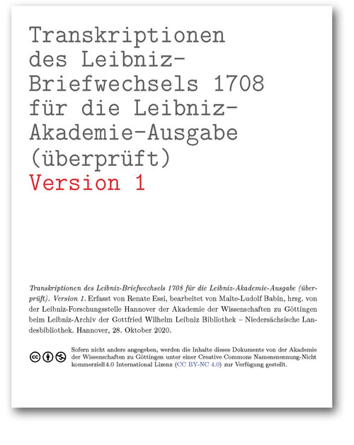 Titelseite der Transkriptionen des Leibniz-Briefwechsels 1708 für die Leibniz-Akademie-Ausgabe (überprüft) (Version 1)