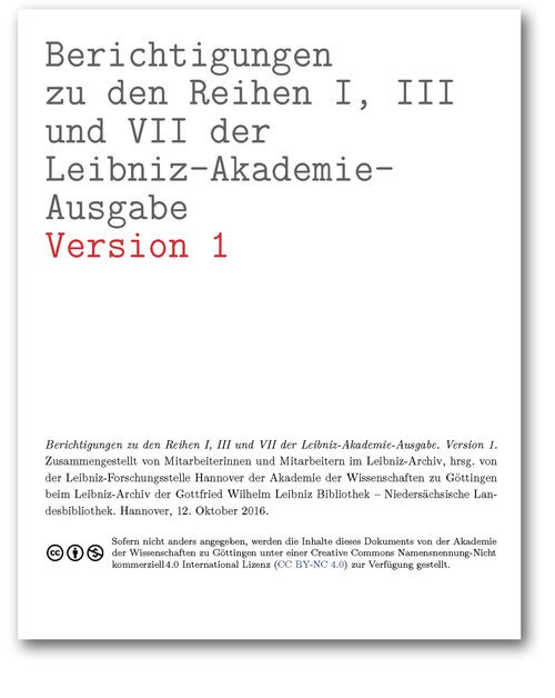 Titelblatt der Berichtigungen zu den Reihen I, III und VII der Leibniz-Akademie-Ausgabe (Version 1)
