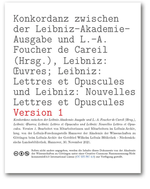 Titelseite der Konkordanz zwischen der Leibniz-Akademie-Ausgabe und L.-A. Foucher de Careil (Hrsg.), Leibniz: Œuvres; Leibniz: Lettres et Opuscules und Leibniz: Nouvelles Lettres et Opuscules (Version 1)