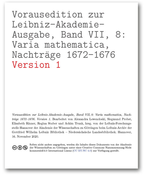 Titelseite der Vorausedition zur Leibniz-Akademie-Ausgabe, Band VII, 8: Varia mathematica, Nachträge 1672–1676 (Version 1)