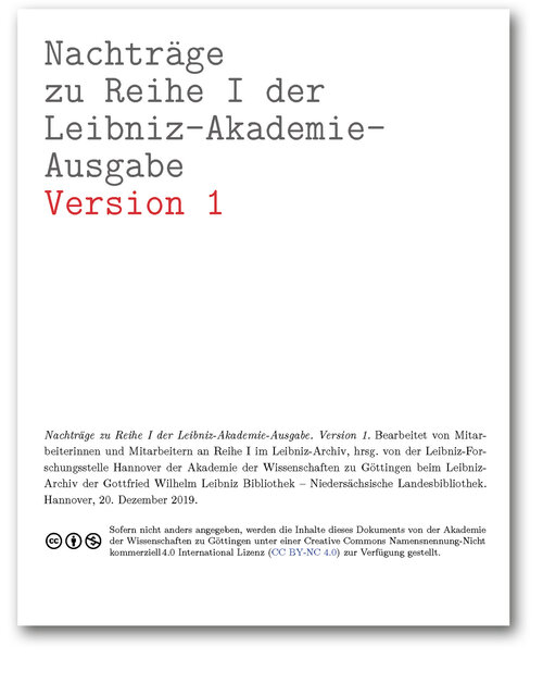 Titelseite der Nachträge zu Reihe I der Leibniz-Akademie-Ausgabe (Version 1)