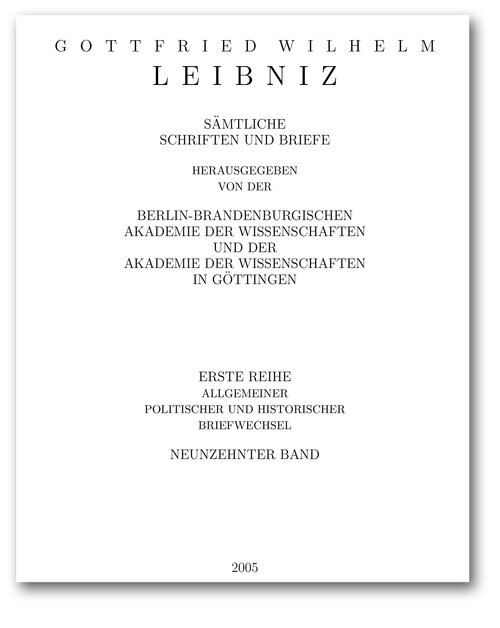 Titelseite von Band I, 19 der Leibniz-Akademie-Ausgabe